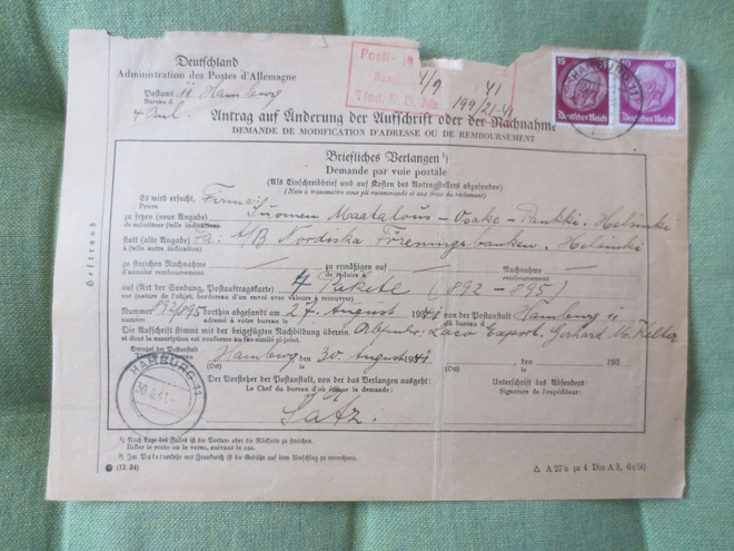 Saksa  v.1941  Hamburg  Dokumentti paperi
