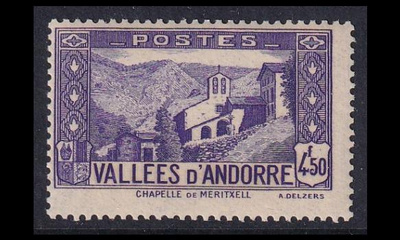 Andorra Fr 92 ** Maisema 4.50 Fr violetti (1942)