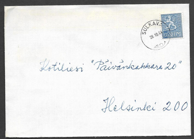Postilähetys - Yl.m. 0,35 (LAPE 613) Sulkava 28.10.1964