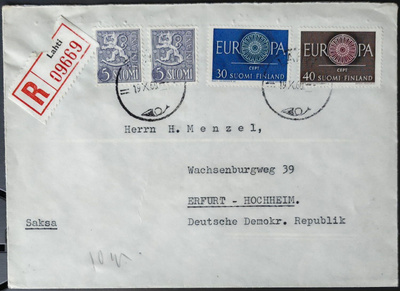 Kirjattu kirje Eurooppa-merkein 1960 Itä-Saksaan