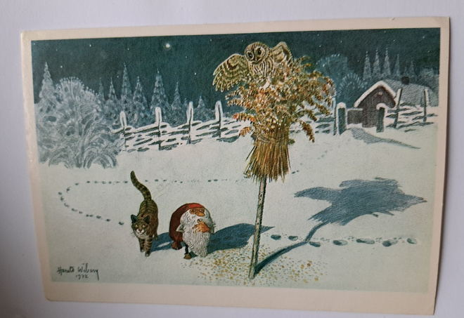 Harald Wiberg: tonttu ja kissa lyhteen luona. kulkenut1981
