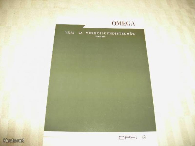 Myyntiesite Opel Omega väri- ja verhoiluyhdistelmät 1986