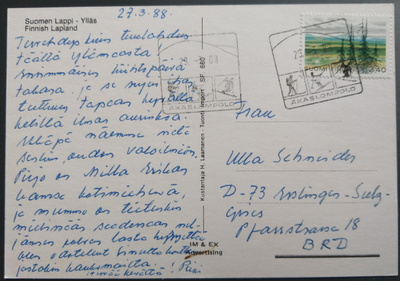 ÄKÄSLOMPOLO -kuvaleima 1988 Ylläs-kortilla Saksaan