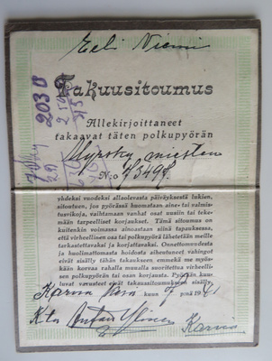 HYRSKY polkupyörä takuutodistu v. 1941