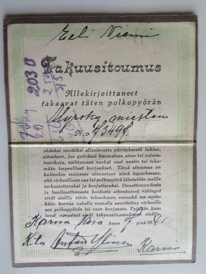 HYRSKY polkupyörä takuutodistu v. 1941
