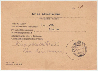 1953 kirjatun lähetyksen kuitti - KÄRPPÄLÄ