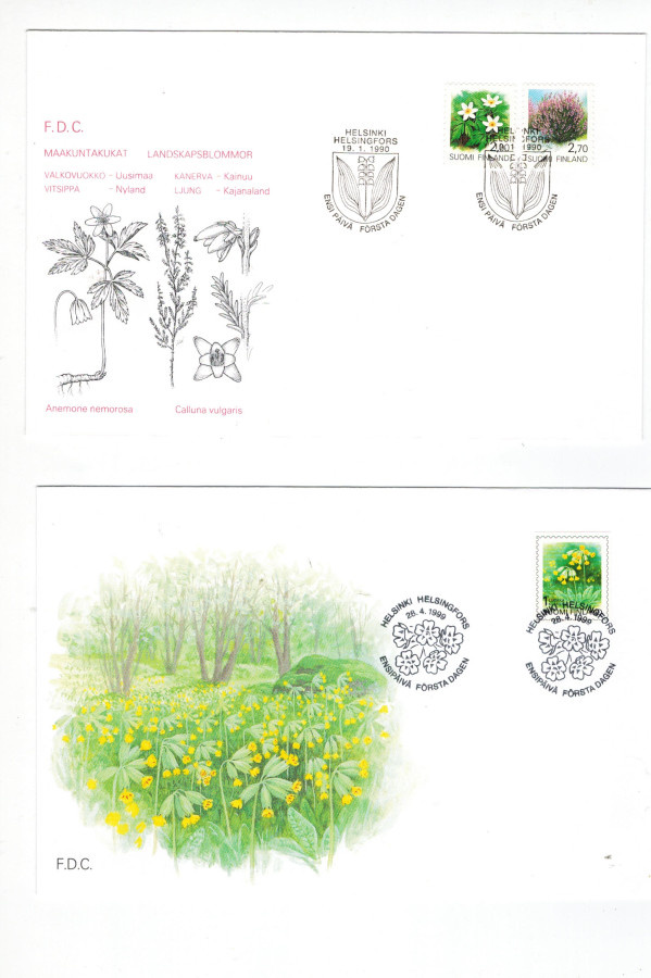 FDC  Maakuntakukat Helsinki 19.1.1990 ja Helsinki 28.4.1999