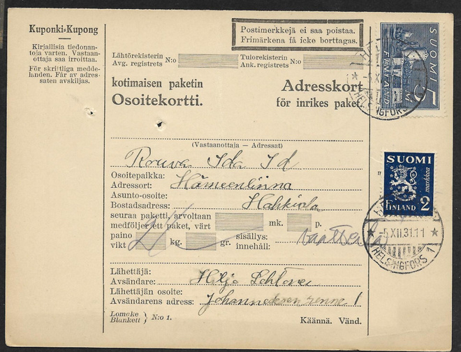 Paketik. - ks 1930 (LAPE 153,155) Helsinki 5.12.31