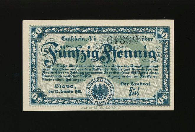 Saksa Notgeld 50 Pfennig, Cleve 12.11.1918
