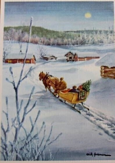 Hevonen vetää rekeä Joulukortti