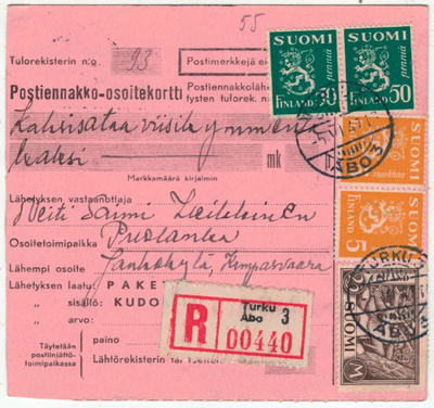 1947 kirjattu postiennakkopaketti