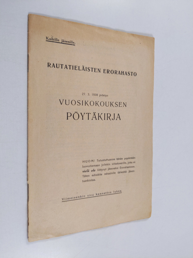 Rautatieläisten erorahasto : 27.3.1938 pidetyn vuosikokou...