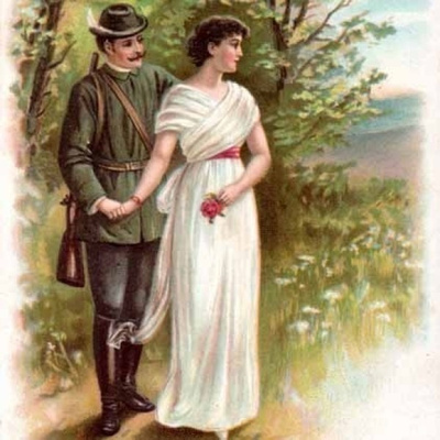 ANTIIKKIKORTTI / Metsästäjä ja tumma kaunotar. 1900-l.