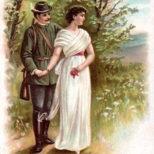 ANTIIKKIKORTTI / Metsästäjä ja tumma kaunotar. 1900-l.