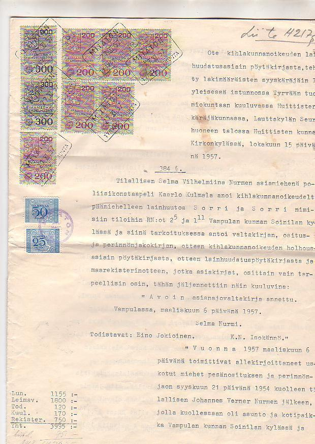 Asiakirja, perinnönjako, 1957, Vampula.
