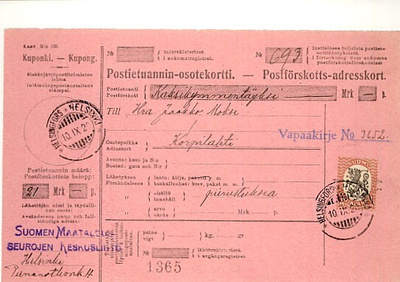 1917 1 mk punamusta - vapaakirjeen postiennakko maksu  1920