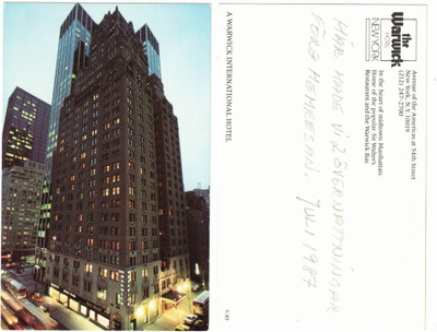 Vanha kortti, Yhdysvallat, New York, Warwick-hotelli