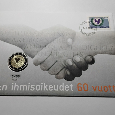 Suomi 2 euro 2008 proof yk:n ihmisoikeudet 60v rahakirjeenä.