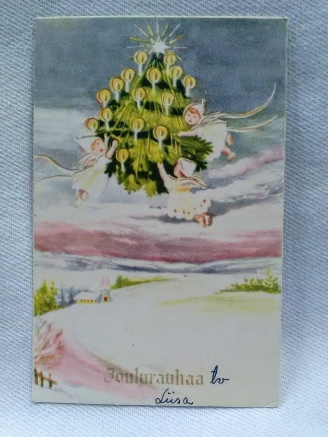 joulukortti Enkelit ja joulukuusi
