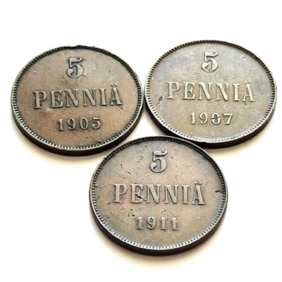 5 penniä 1905, 1907 ja 1911