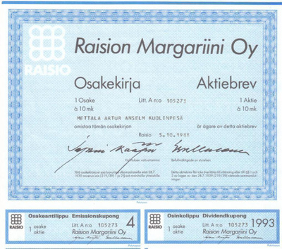 OKK 1988 Raision Margariini Oy, Raisio pörssi osakekirja