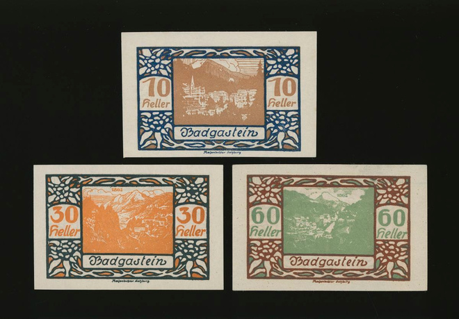 Itävalta Notgeld 10, 30, 60 Heller, Badgastein 1920