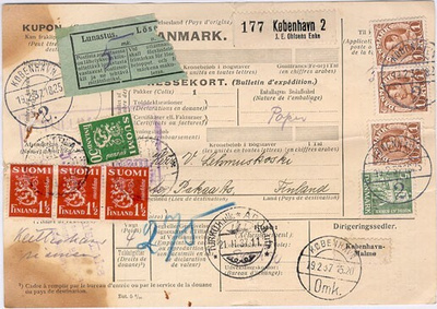 M30 1932 1,5mk punainen ym tullausmaksu tanskal. pak.kortti