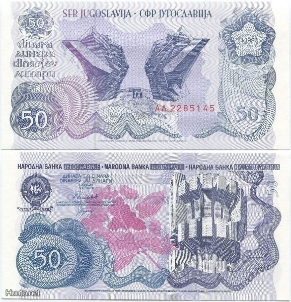 Jugoslavia 50 Dinara 1990 (P-101) UNC harvinainen, AA-sarjaa