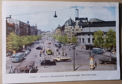 Helsinki, Mannerheimintietä Erottajalta, bussit,ratikat 1959