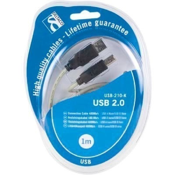 Deltaco USB 2.0 kaapeli A uros - B uros, 1m *UUSI*