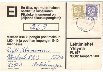 M975 1984 1,40 mk ym hankalasti käsiteltävä lähetys