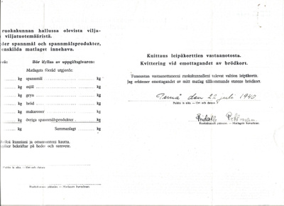 Leipäkorttien vastaanottokuittaus 1940 Pernå