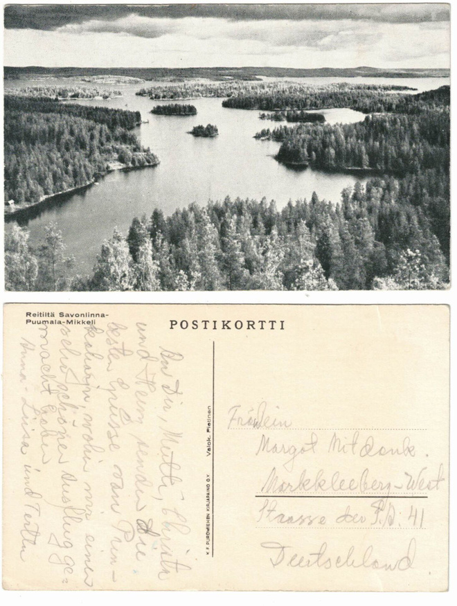 Vanha kortti, reitiltä Savonlinna-Puumala-Mikkeli