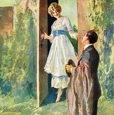 RAKKAUS / Kaunis tyttö puutarhan ovella ja mies. 1910-l.
