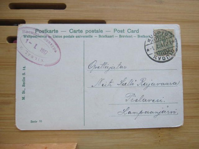 Uusi vuosi kortti Kuopiosta 1917 Pielavedelle leimoin