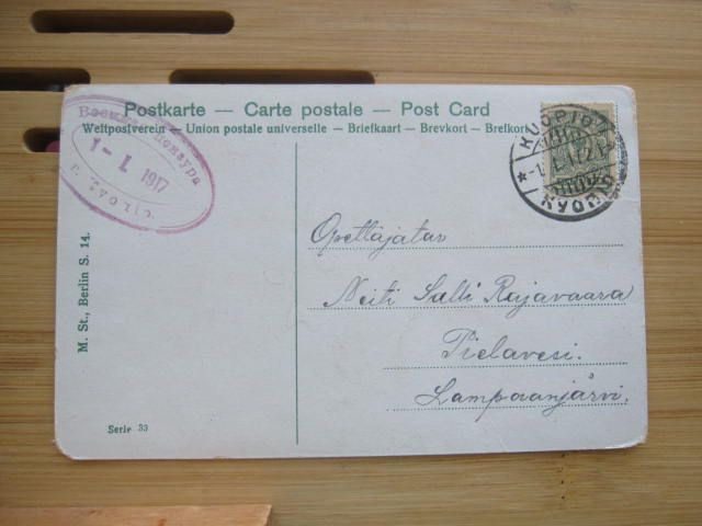 Uusi vuosi kortti Kuopiosta 1917 Pielavedelle leimoin