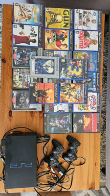 Playstation 2, ohjaimet, pelejä ja adapteri AV to HV