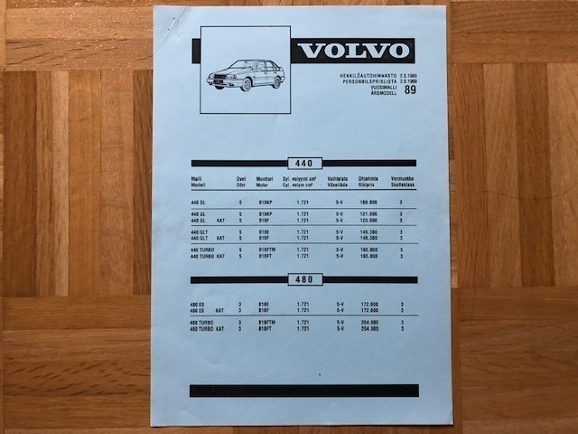 Hinnasto Volvo 440 ja 480, 1989. Esite