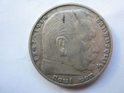 Natsi-Saksa 5 Reichsmark 1935 E Hindenburg hopeaa