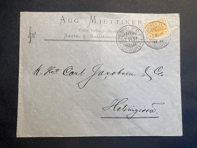 Mainoskuori Aug. Miettinen Pori 3.6.1897 -> Helsinki Stamp