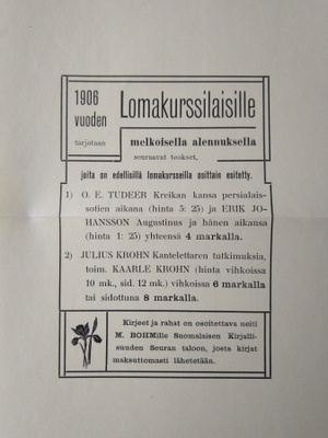Mainoskirjanmerkki vuoden 1906 lomakurssilaisille tarjotaan