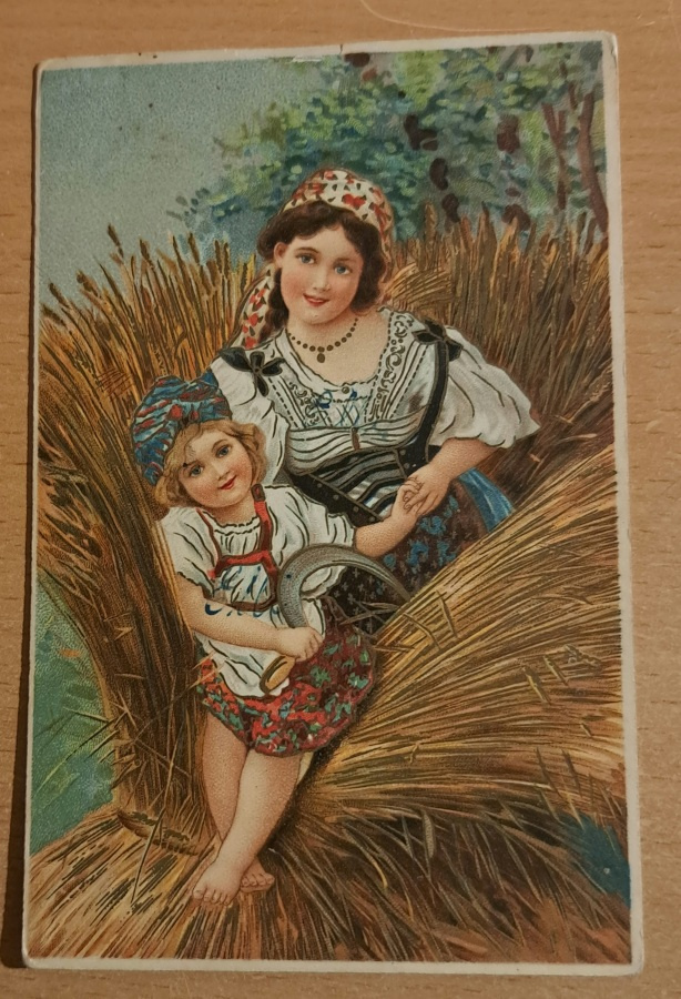 neidot elonkorjuussa, vanha kulkenut käsipostissa