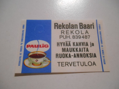 TT Etiketti Paulig Rekolan Baari Rekola