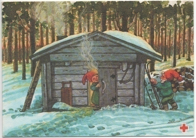 Pitkäranta : Sauna lämpiää - taittokortti Punainen Risti