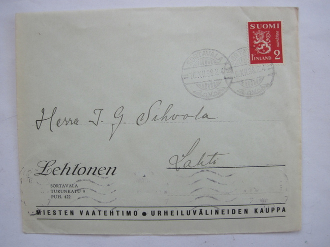 VANHA Firmakuori Urheilukauppa Lehtonen Sortavala 1938
