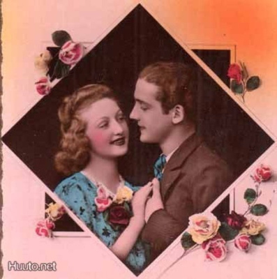 ART DECO / Rakastunut nuori tyttö, poika ja ruusuja. 1920-l.