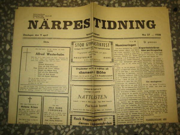 Sanomalehti :  Närpes Tidning 9.4.1958