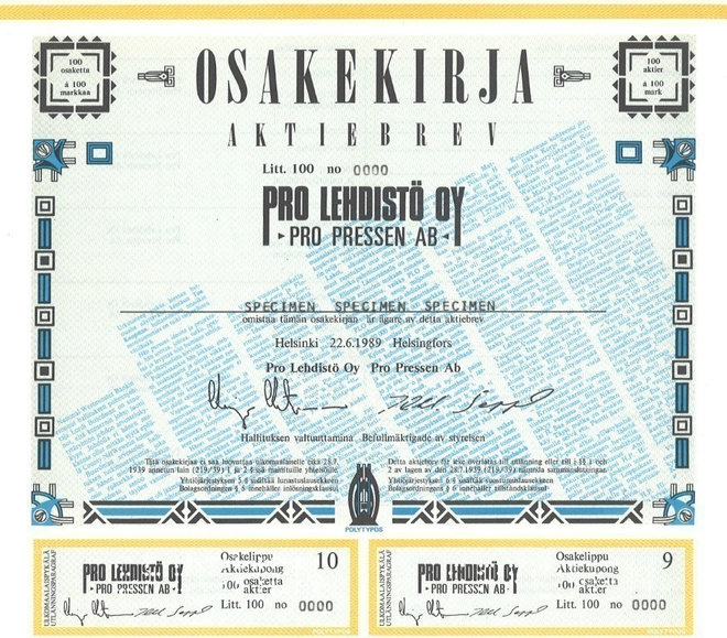 OKK 1989 Pro Lehdisto Oy spec, Helsinki osakekirja