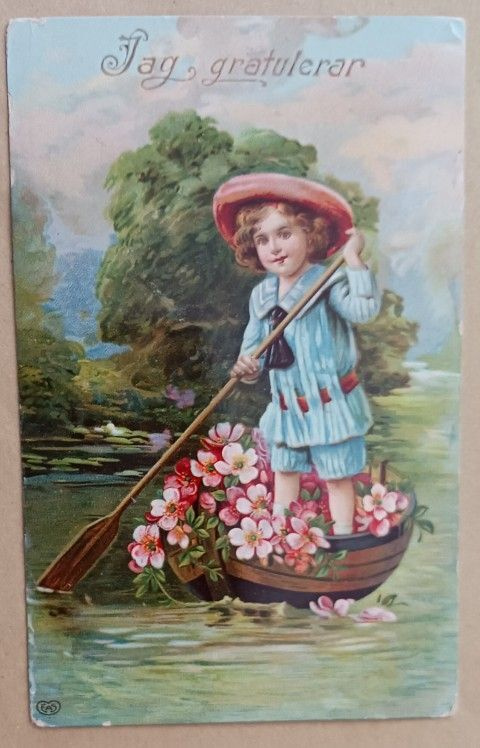 Pikkuleidi soutaa kukkaisveneellä onnittelunsa, p. 1912