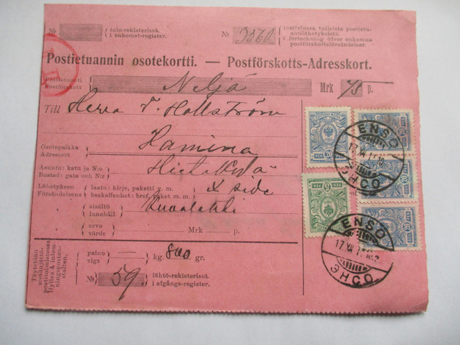 1915 Enso sens ristisiteen postiennakko Haminaan